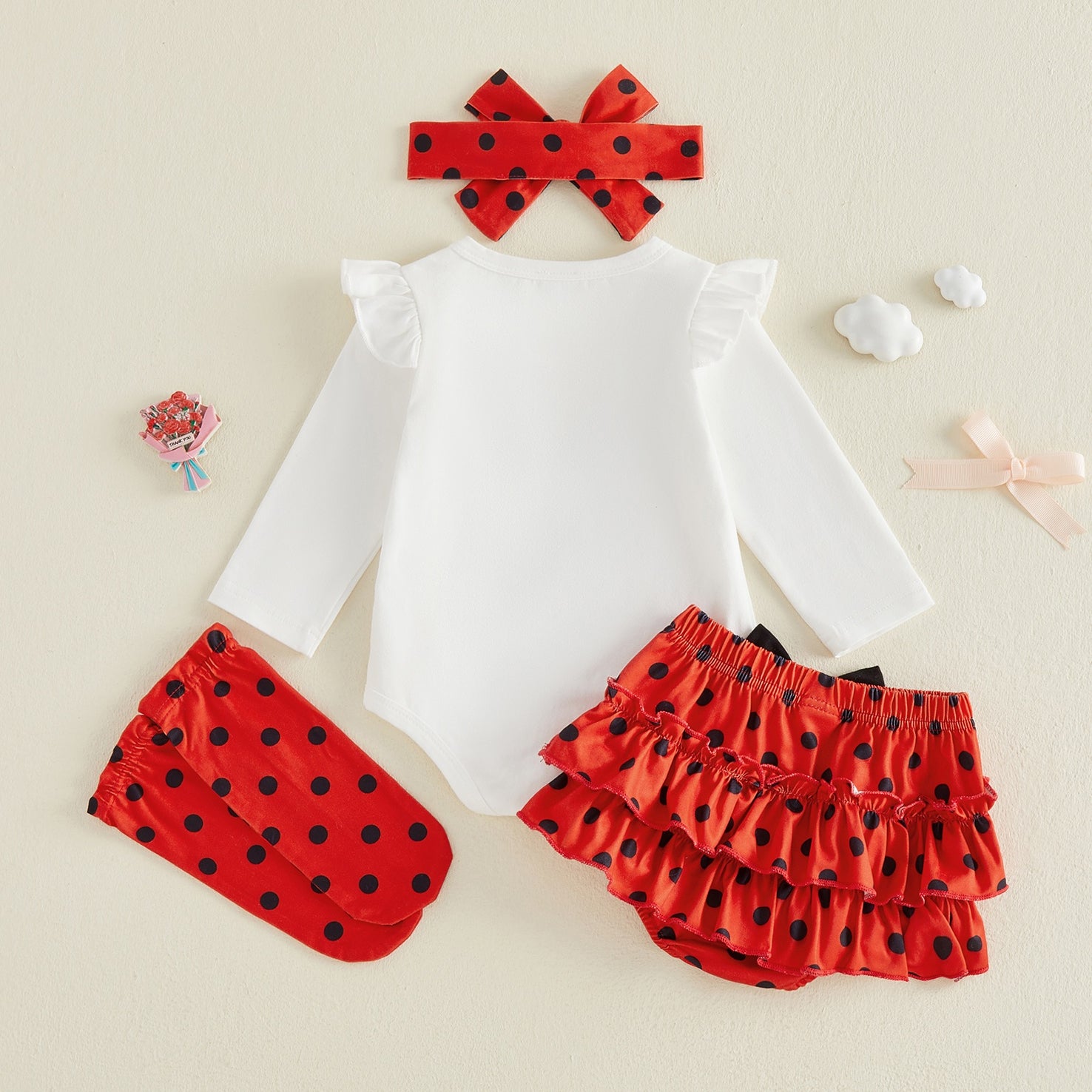 4PCS Lovely Mama's Little Ladybug Letter Polka Dots Print Baby Set