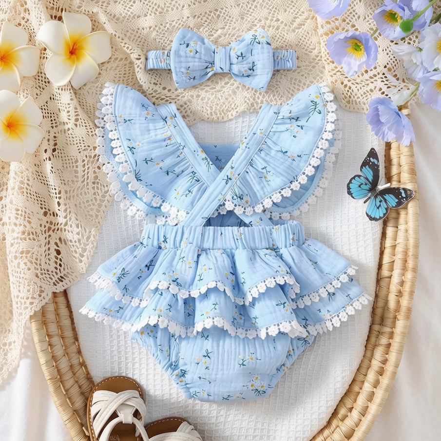 2PCS Pretty Floral Printed Bow Flounce Sleeve Baby Romper
