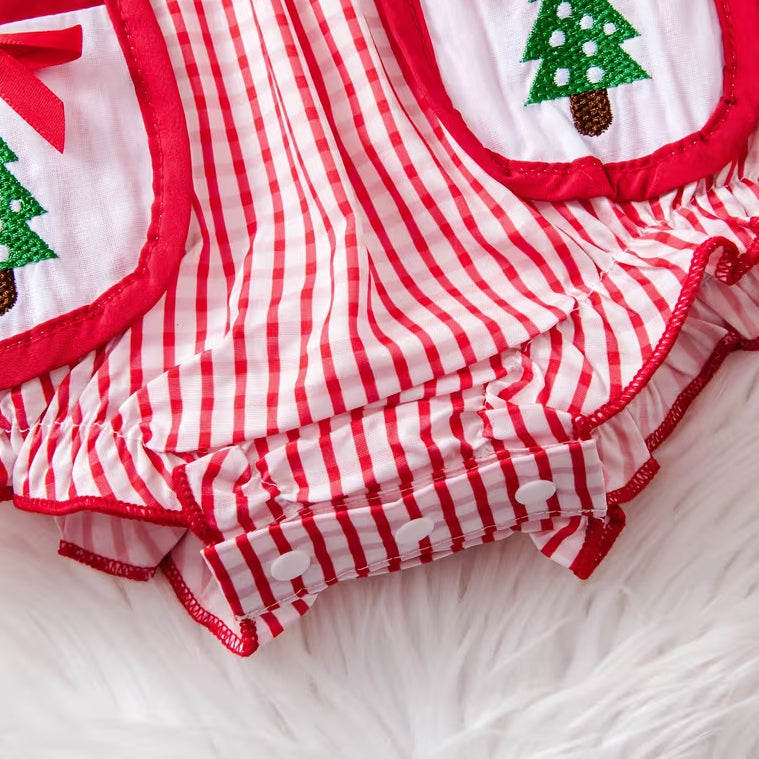 Lovely Christmas Tree Applique Plaid Printed Long Sleeve Baby Romper