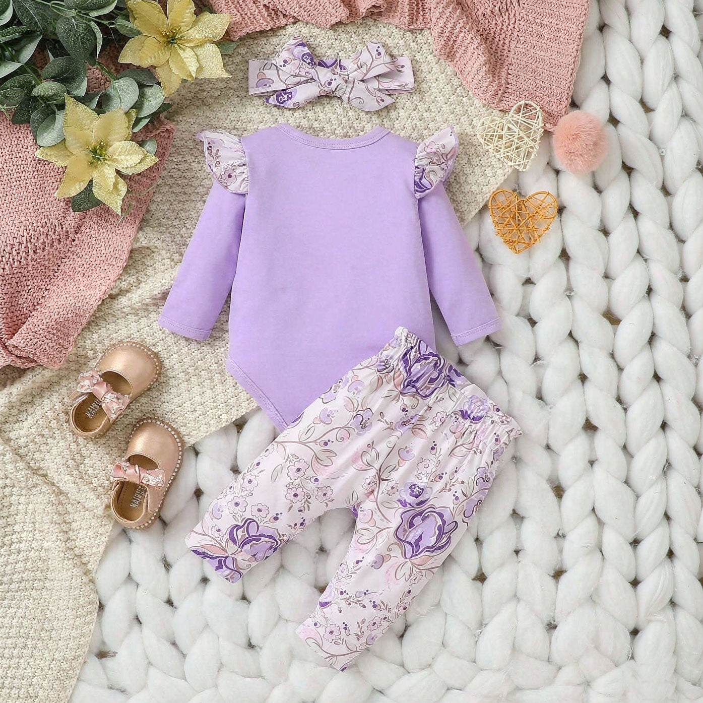 3PCS Cheerful Little Princess Letter Floral Printed Long Sleeve Baby Set
