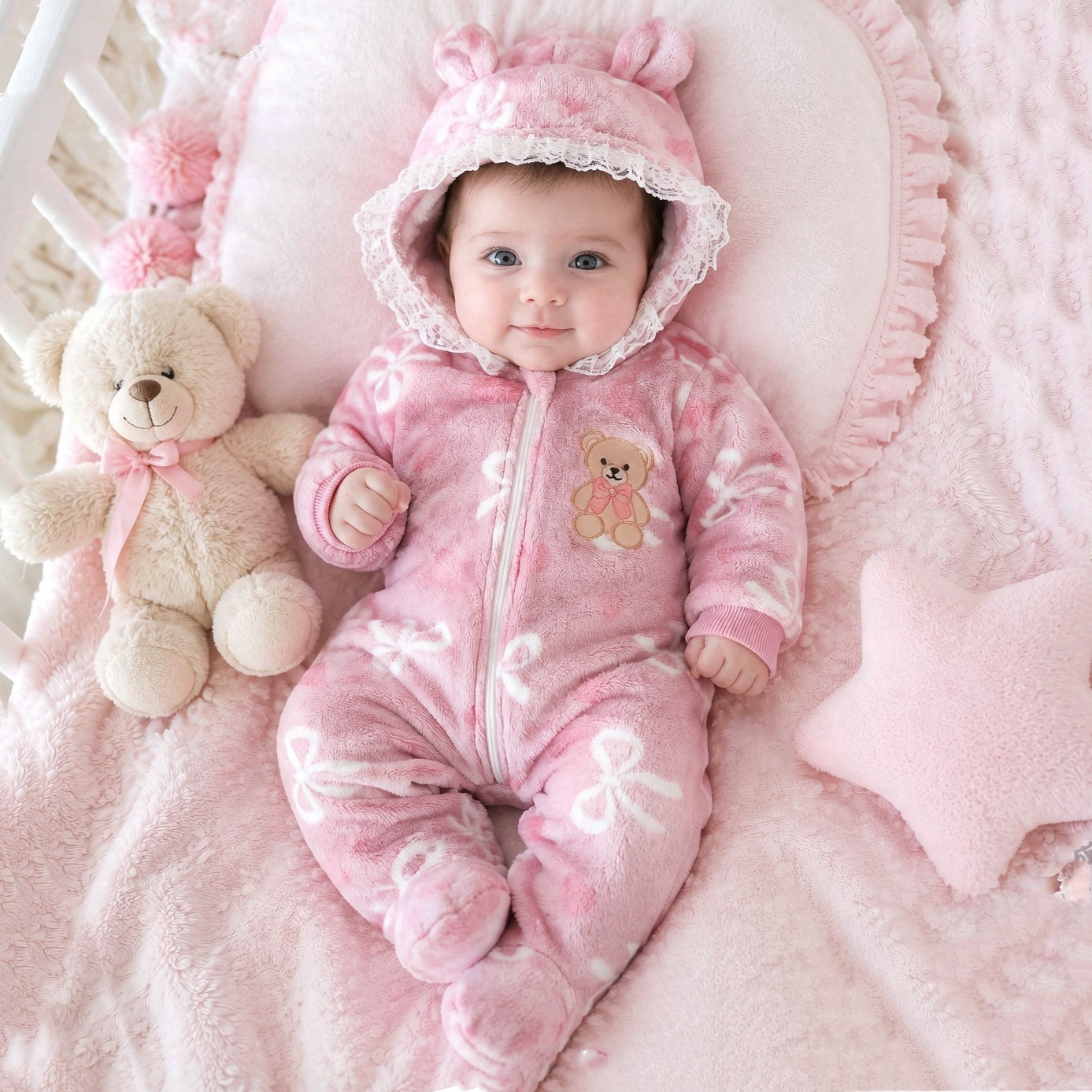 Grace Bow Printed Bear Embroidered Fuzzy Hoodie Long Sleeve Baby Jumpsuit
