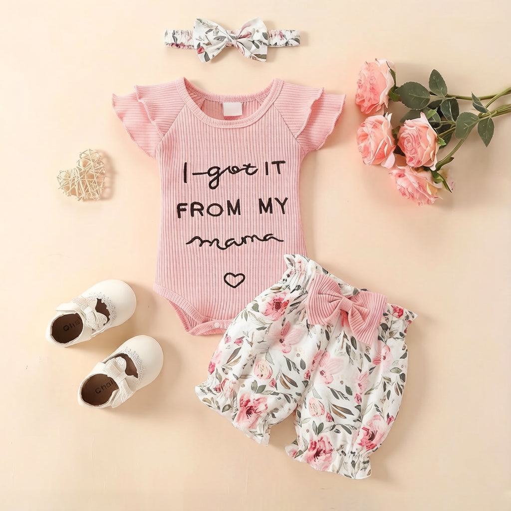 3PCS I Got It From My Mama Letter Floral Print Flounce Sleeve Baby Set