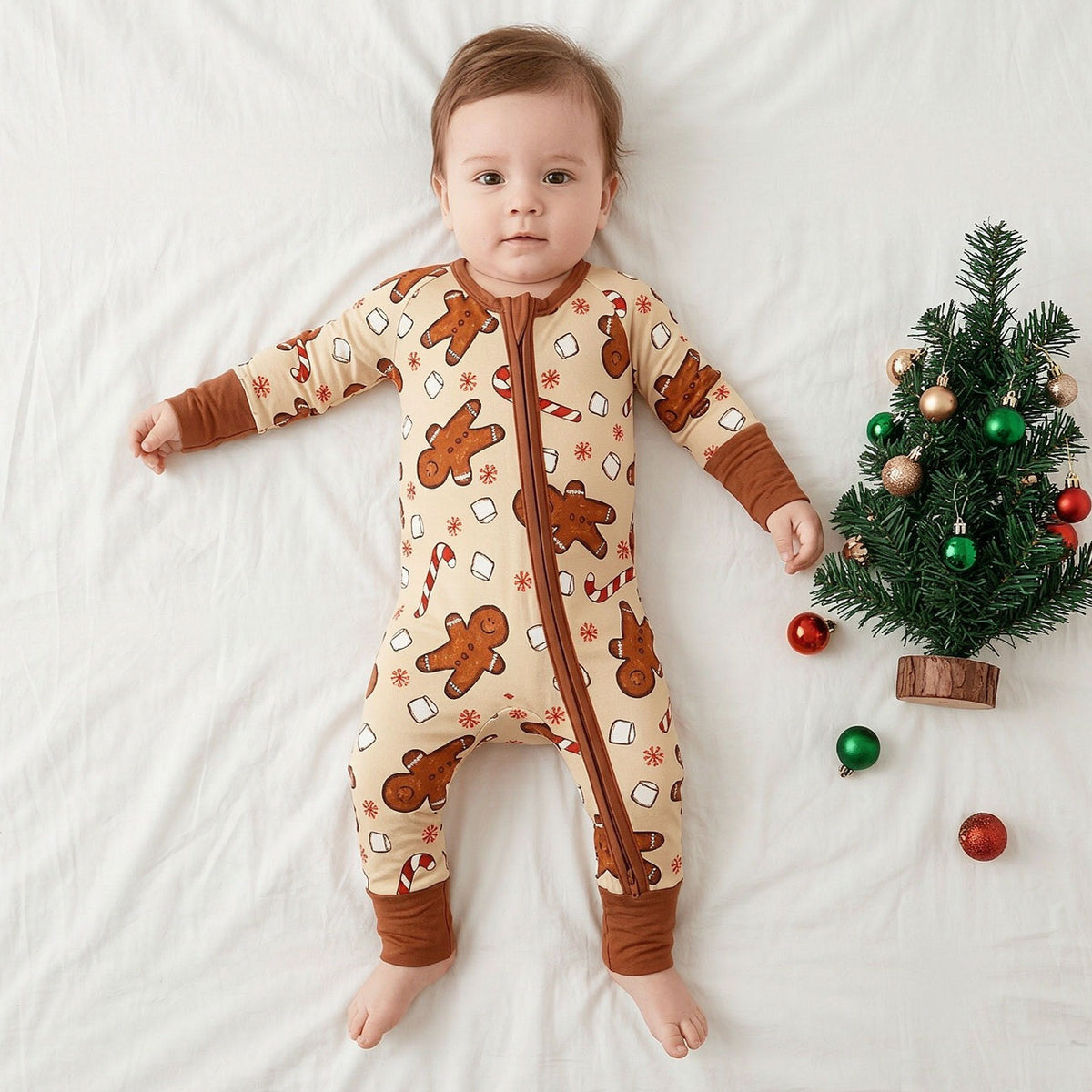 Gingerbread Man and Candy Cane Print Long Sleeve Zipper Baby Jumpsuit