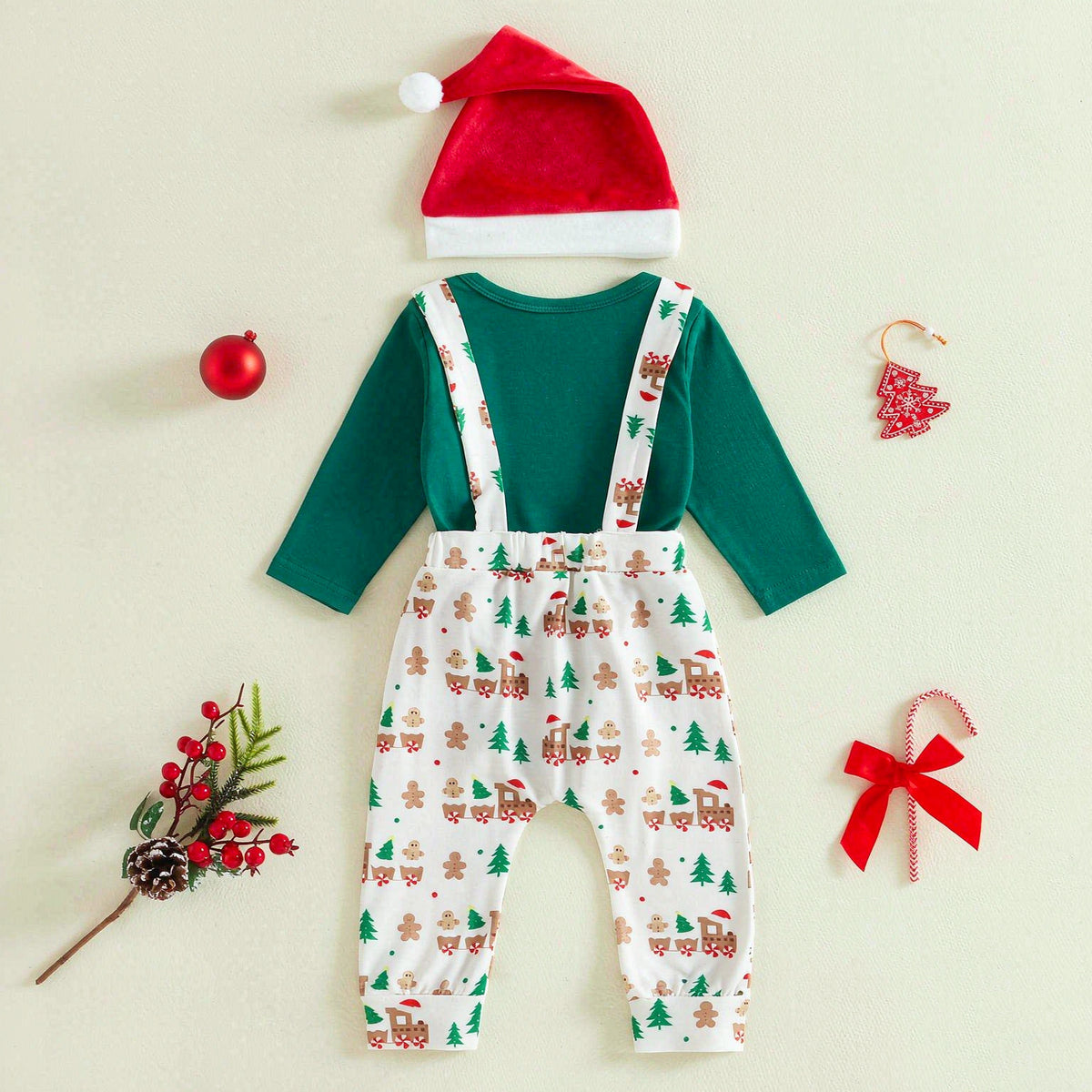 3PCS My First Christmas Letter Train Gingerbread Printed Baby Overalls Set