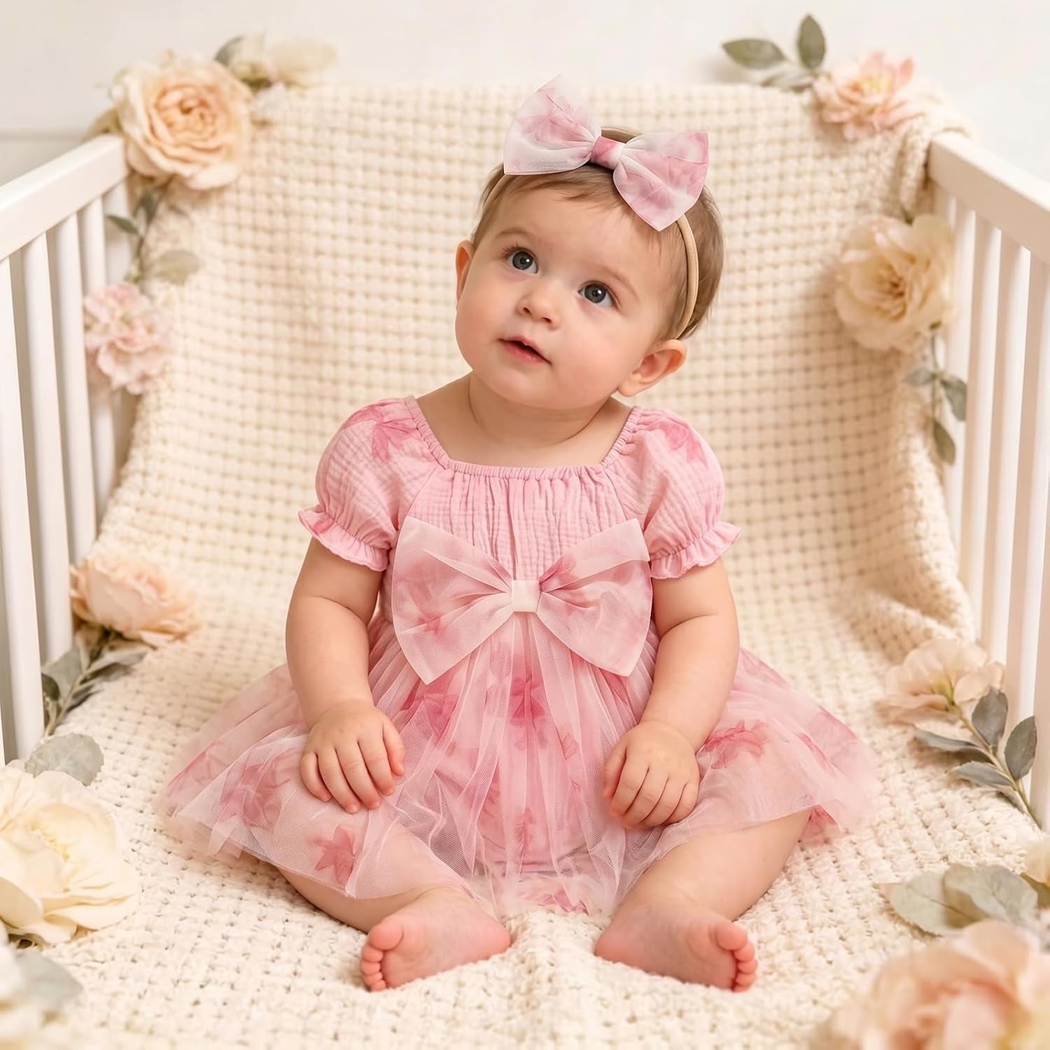 2PCS Gorgeous Bow Print Puff Sleeve Baby Romper