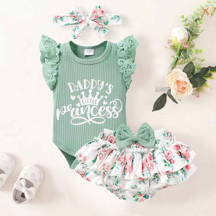 3PCS Lovely Daddy's Little Princess Letter Floral Print Baby Set
