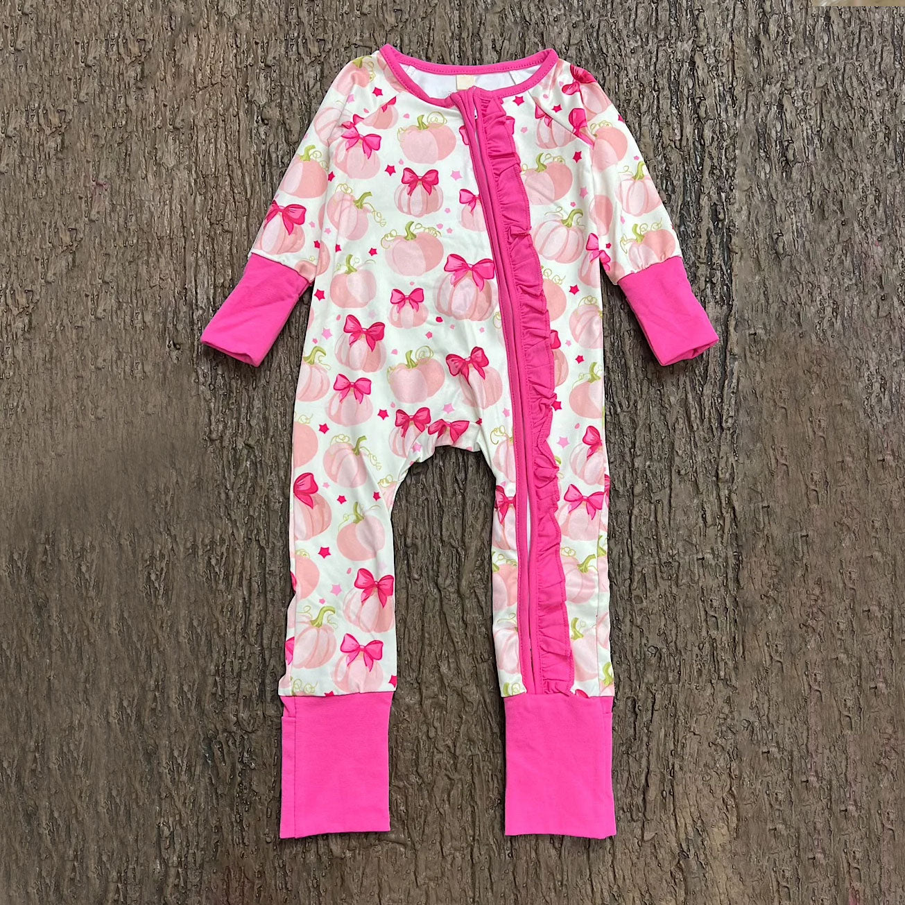 Halloween Bow Pumpkin Printed Long Sleeve Zipper Baby Jumpsuit