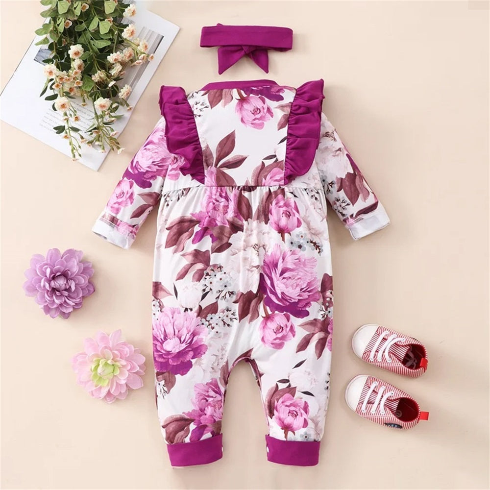 2PCS Trendy Floral Print Ruffle Trim Long Sleeve Baby Jumpsuit
