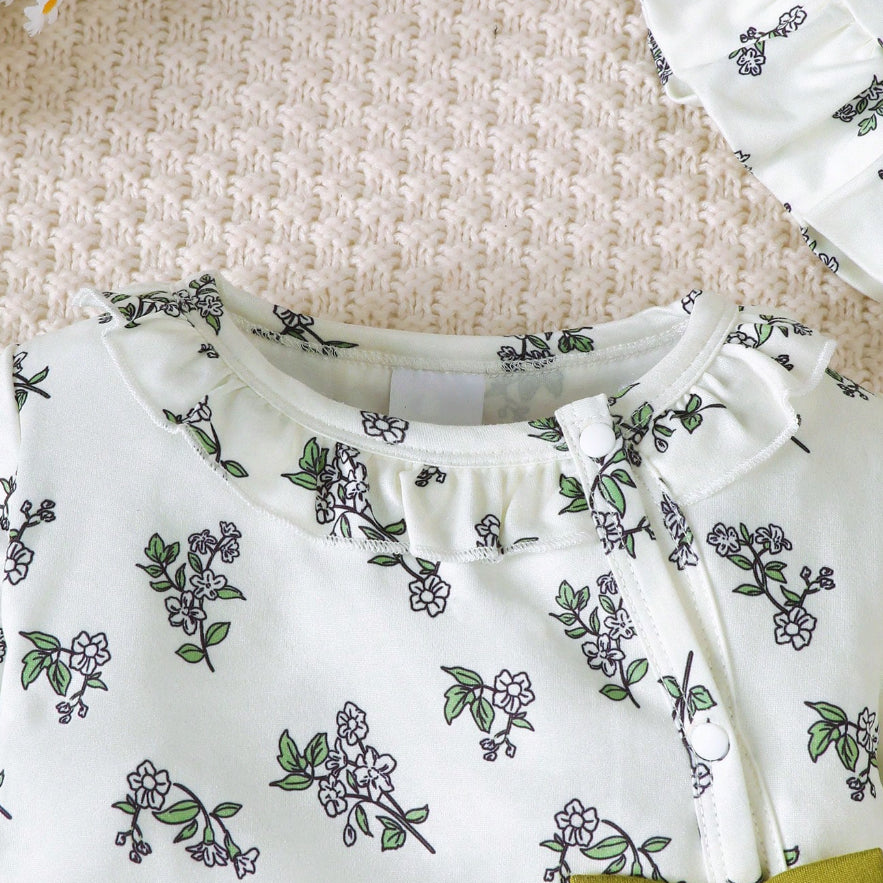 2PCS Floral Print Green Bowknot Long Sleeve Baby Jumpsuit