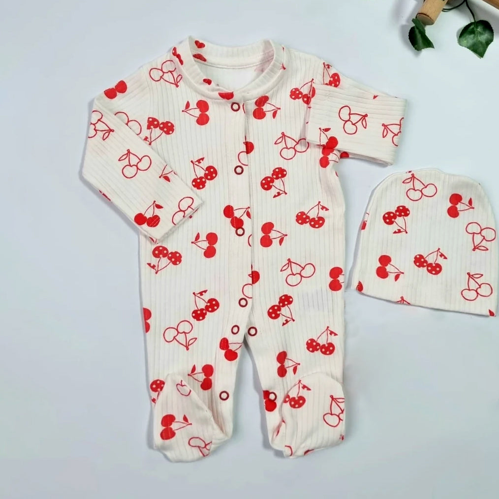 2PCS Allover Cherry Printed Long Sleeve Baby Jumpsuit