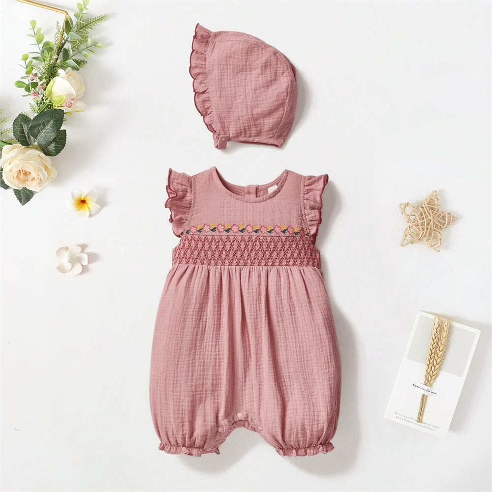 2PCS Cute Floral Embroidery Flutter Sleeve Baby Jumpsuit