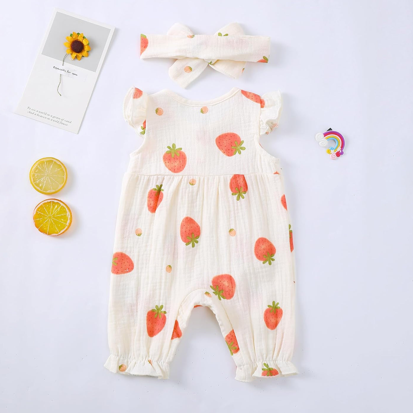 2PCS Sweet Strawberry Printed Sleeveless Baby Jumpsuit