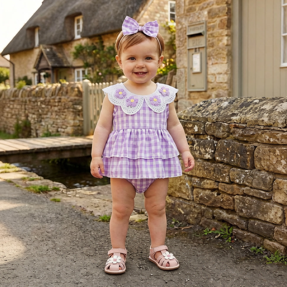 2PCS Grace Floral Appliqué Plaid Print Sleeveless Baby Romper