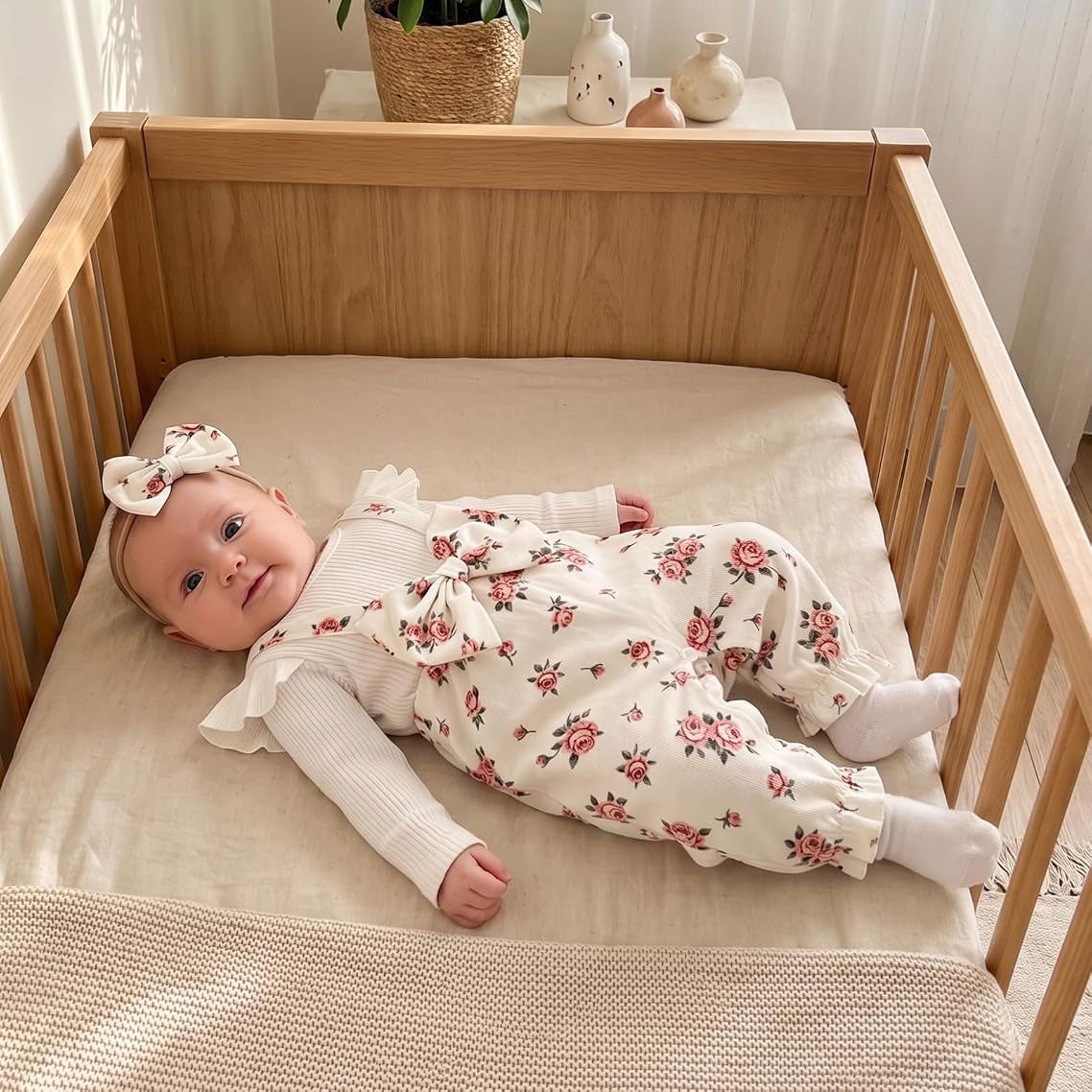 2PCS Exquisite Floral Print Ruffle Decor Long Sleeve Baby Jumpsuit
