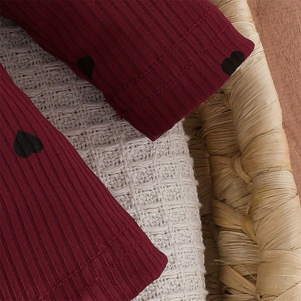 2PCS Cute Heart Print Ruffle Shoulder Long Sleeve Baby Romper