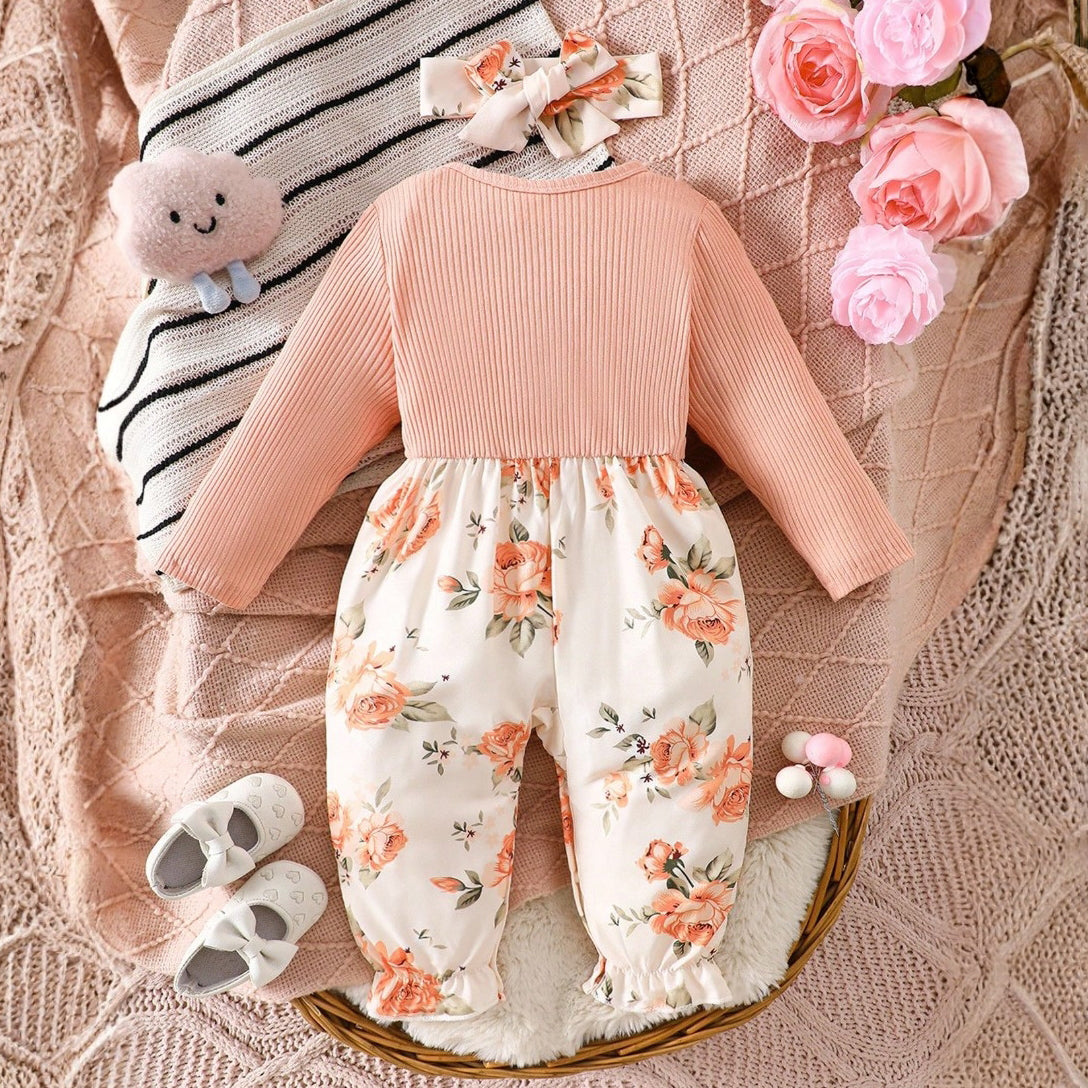 2PCS Comfy Floral Print Ruffle Baby Jumpsuit
