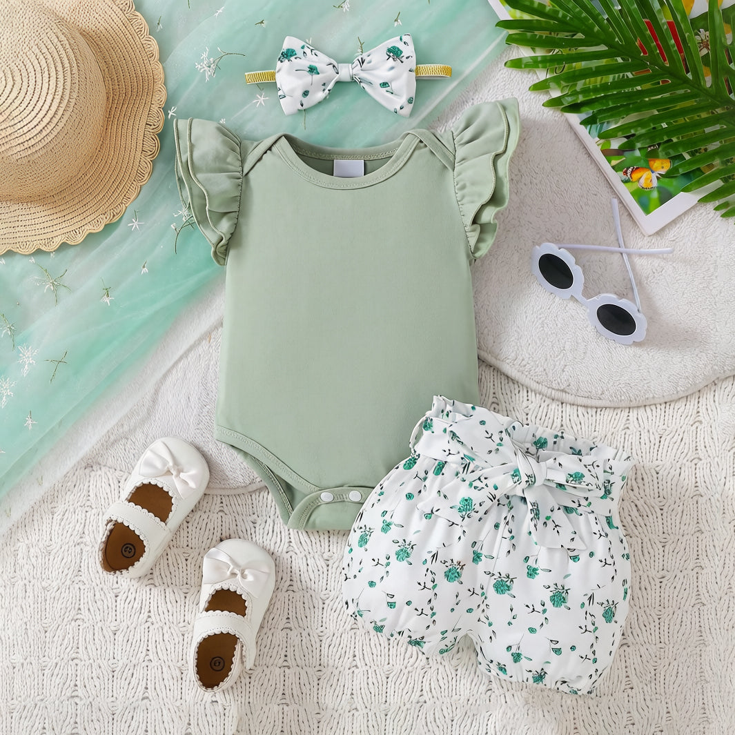 3PCS Fresh Floral Printed Bowknot Flounce Sleeve Baby Set