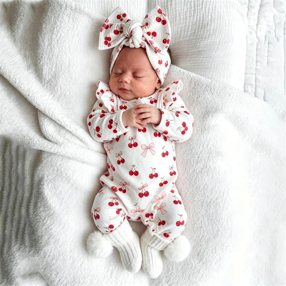 2PCS Pretty Cherry Printed Long Sleeve Baby Jumpsuit