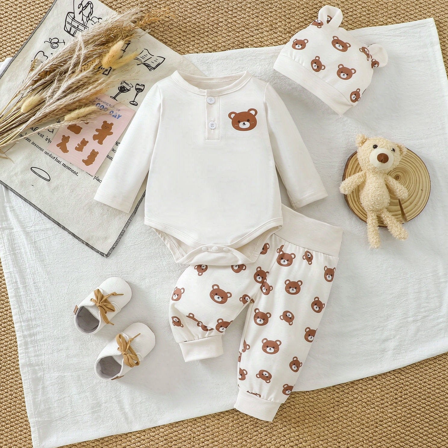 3PCS Cozy Bear Printed Long Sleeve Baby Set