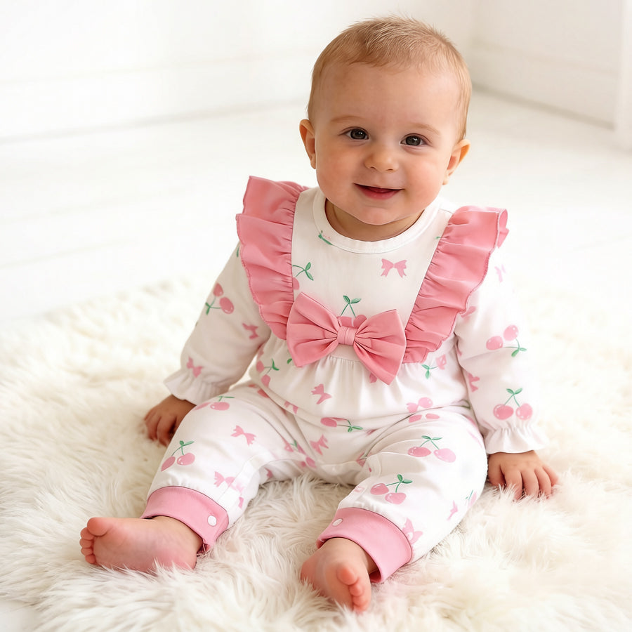 Pretty Cherry and Bow Print Ruffle Trim Long Sleeve Baby Jumpsuit