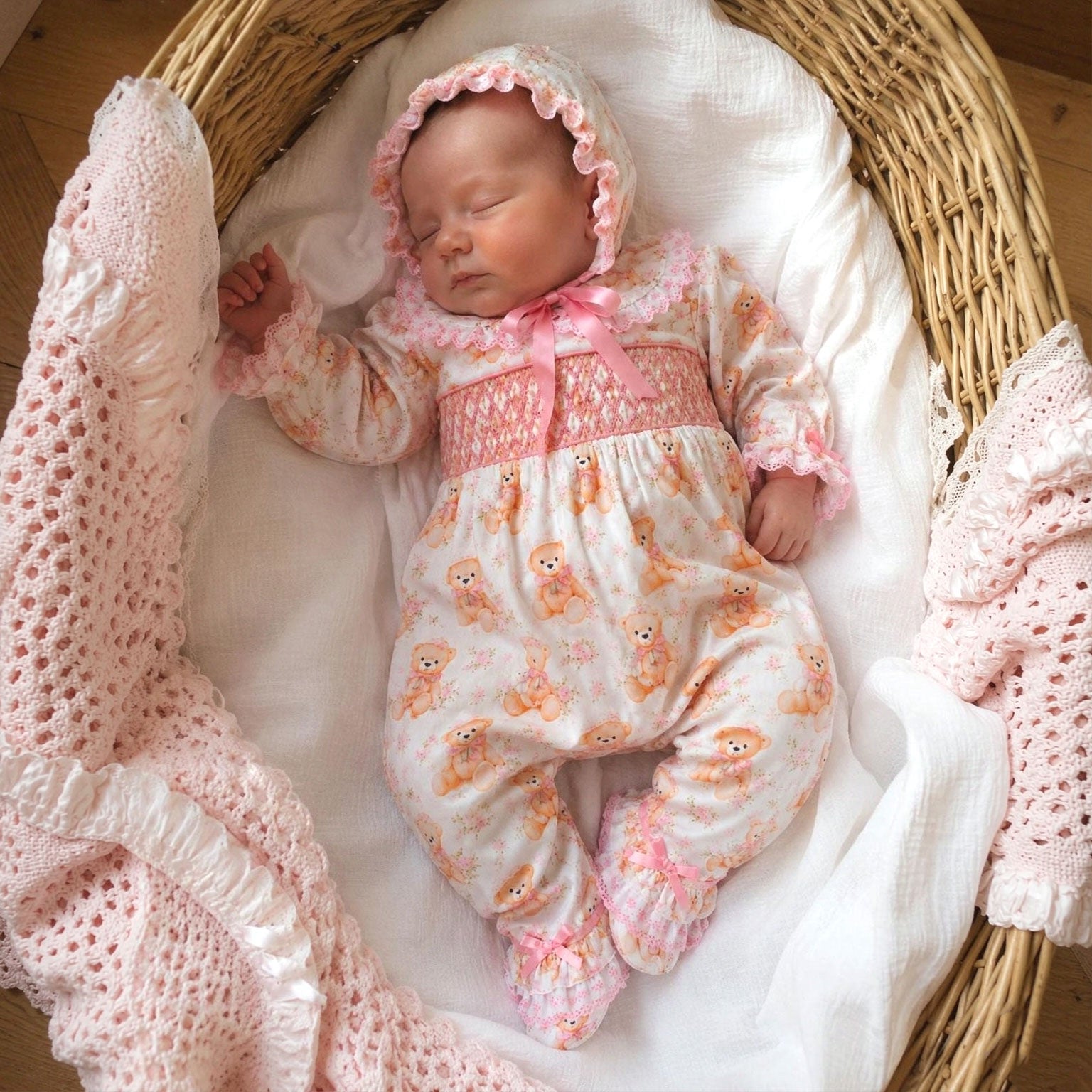 2PCS Lovely Teddy Bear and Floral Print Long Sleeve Baby Girl Jumpsuit