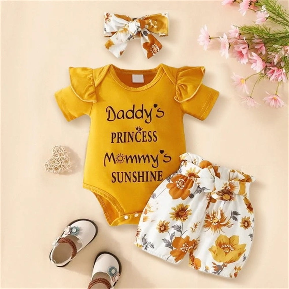 3PCS Daddy's Princess Letter Floral Printed Short Sleeve Baby Set