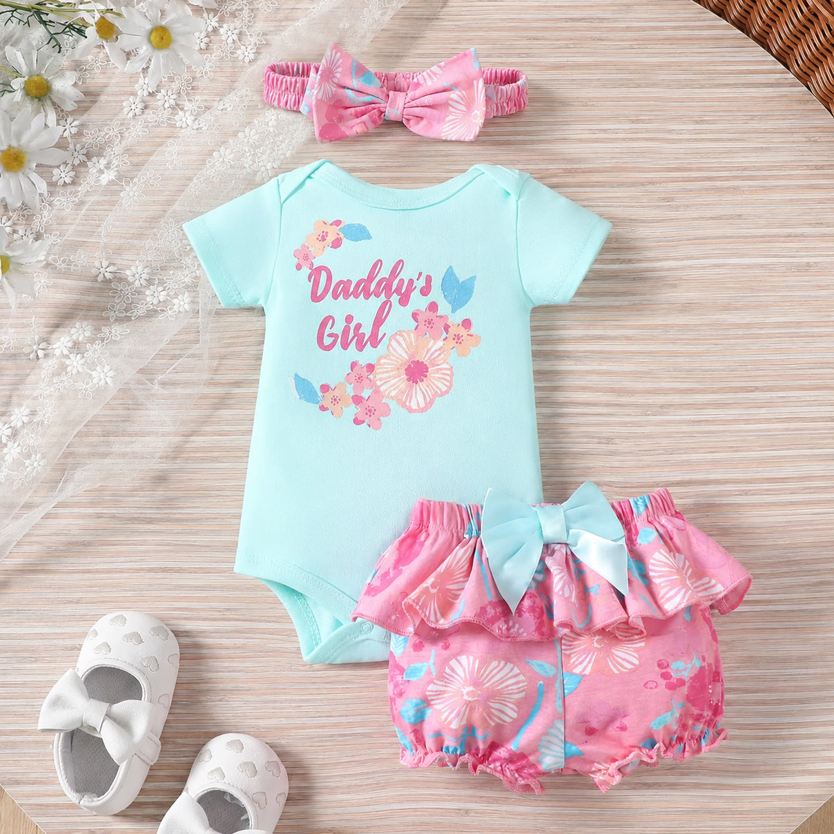 3PCS Daddy's Girl Letter Floral Print Short Sleeve Baby Set