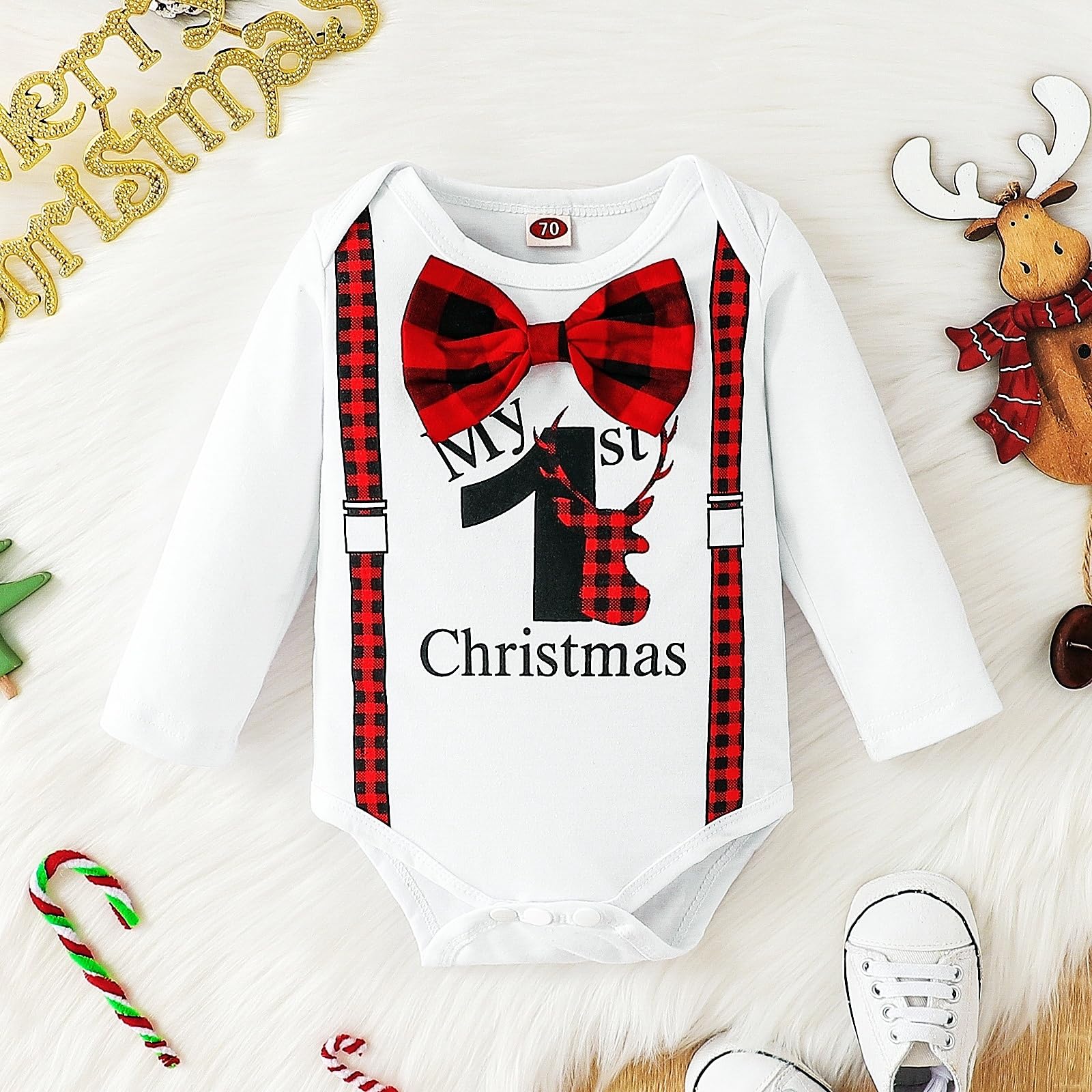 3PCS My 1st Christmas Letter Print Plaid Long Sleeve Baby Set