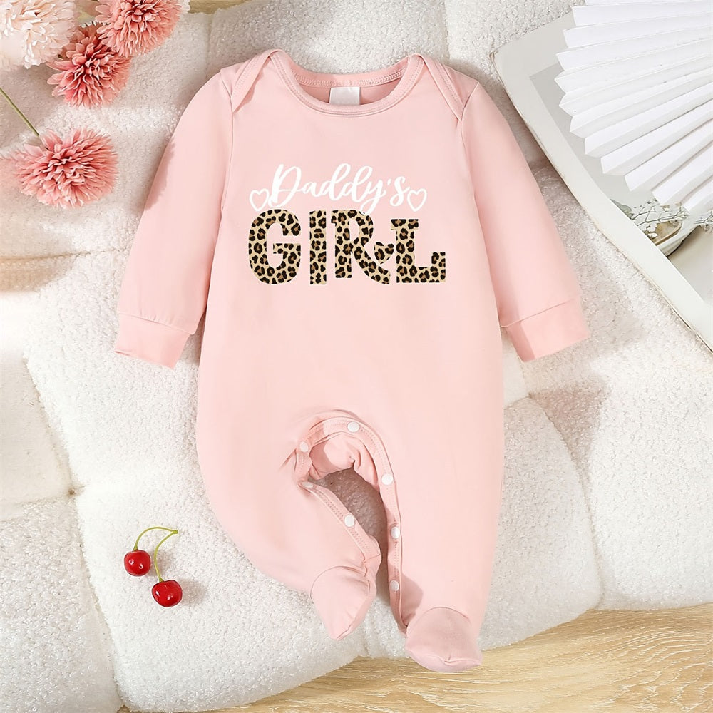 Daddy's Girl Letter Leopard Printed Long Sleeve Baby Jumpsuit