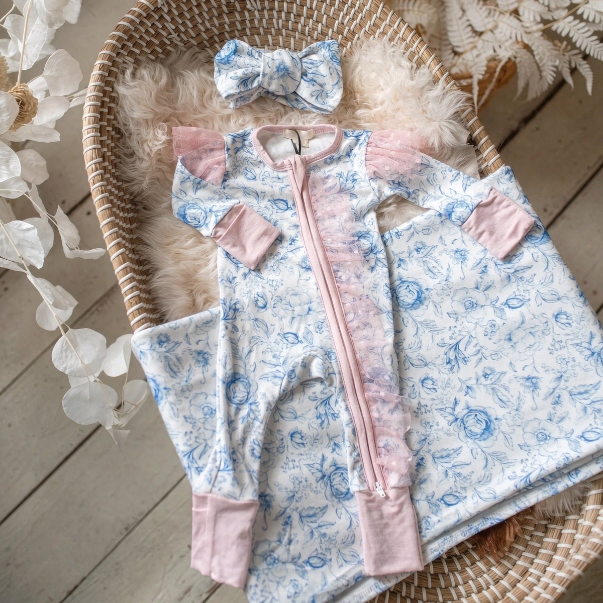2PCS Baby Girl Floral Print Ruffle Long Sleeve Zipper Jumpsuit