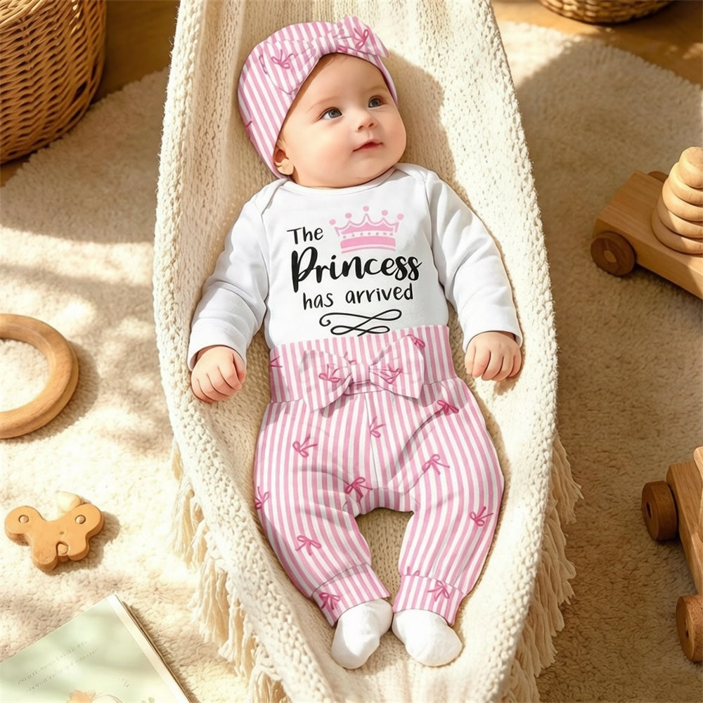 4PCS The Princess Has Arrived Letter Bow Stripe Print Baby Set