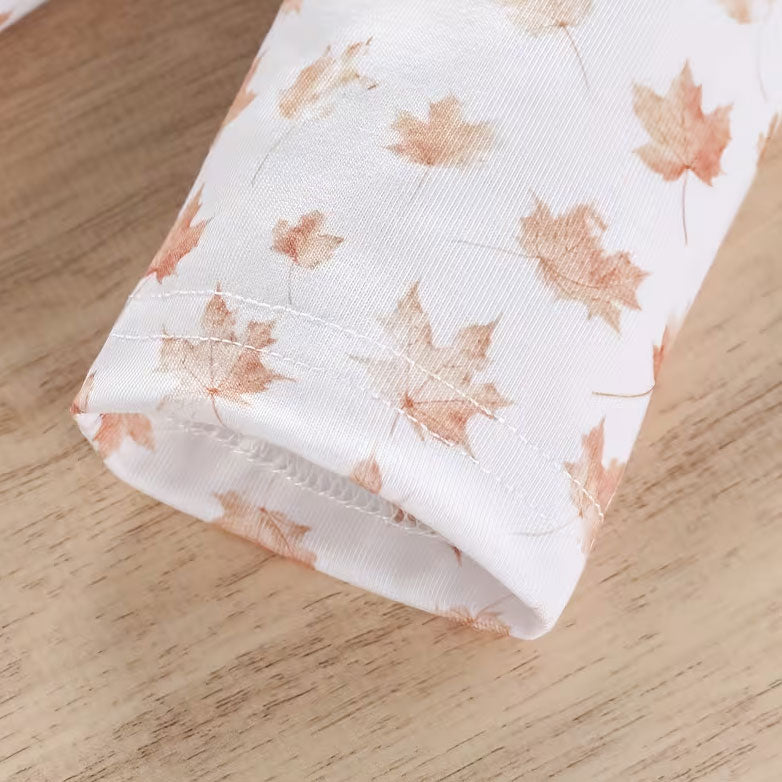 2PCS Pumpkin Embroidery Maple Leaf Printed Long Sleeve Baby Overalls Set