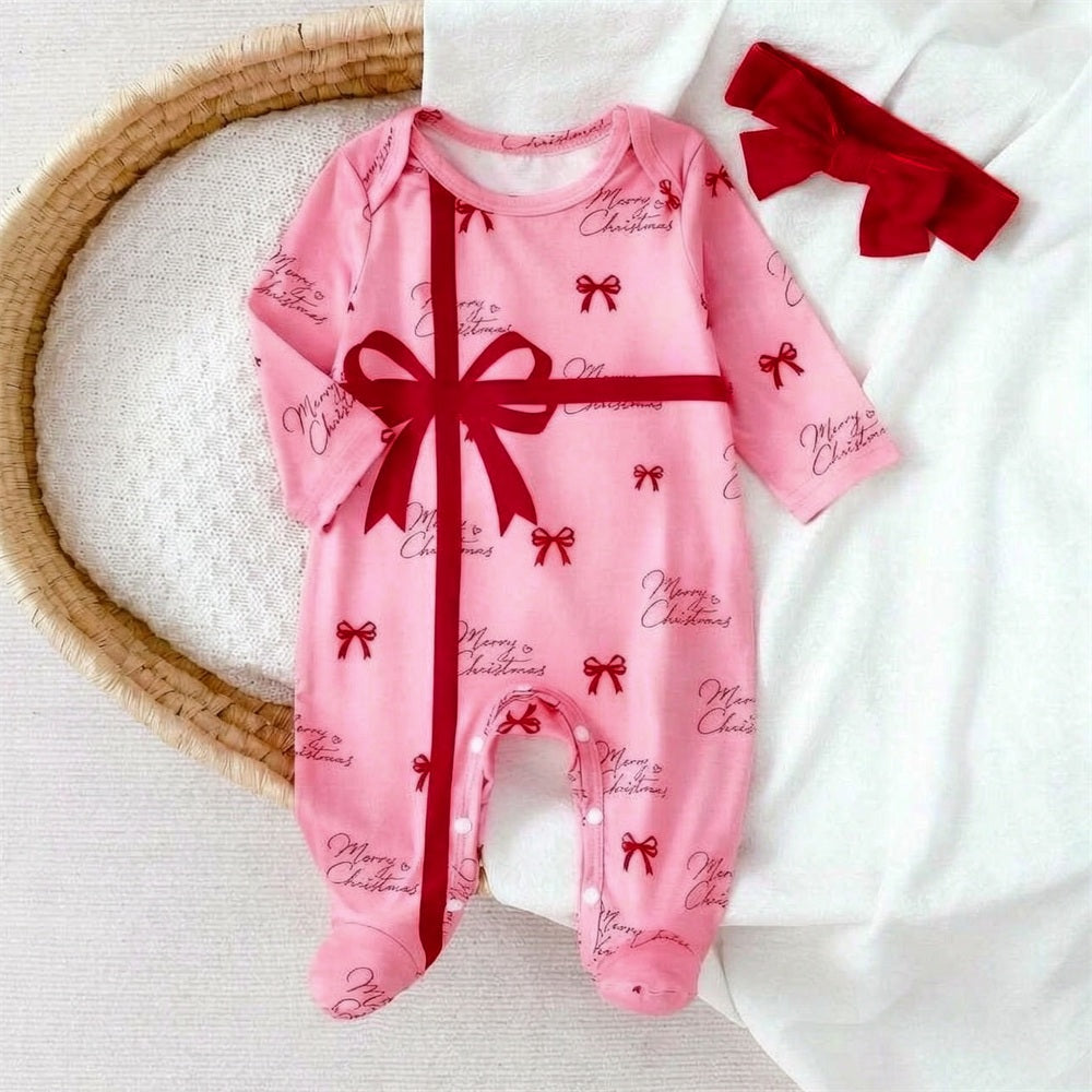 2PCS Christmas Bowknot Printed Long Sleeve Baby Jumpsuit