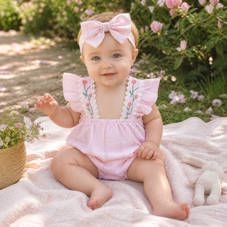 2PCS Lovely Floral Embroidery Flutter Sleeve Baby Romper