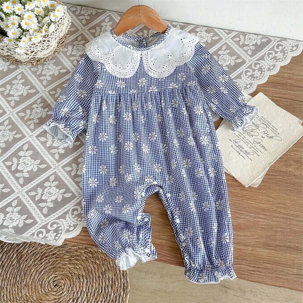 2PCS Charming Floral Plaid Print Long Sleeve Baby Jumpsuit