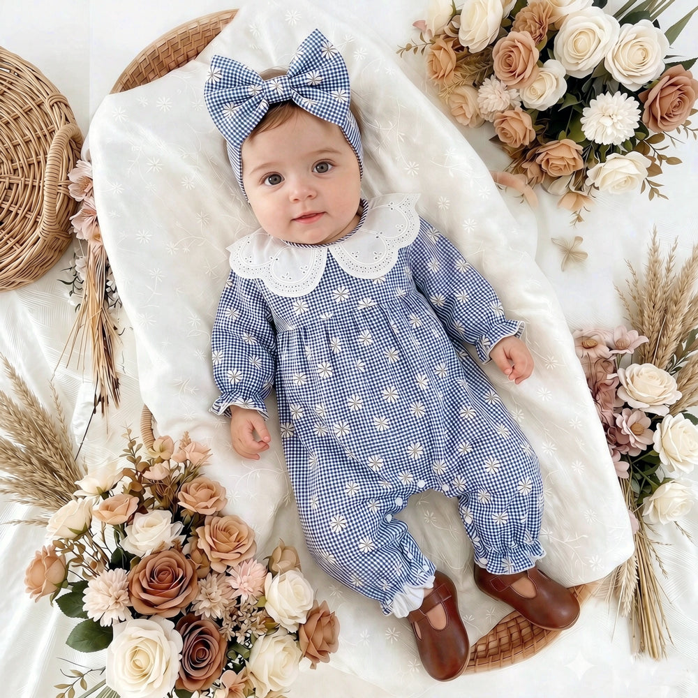 2PCS Charming Floral Plaid Print Long Sleeve Baby Jumpsuit