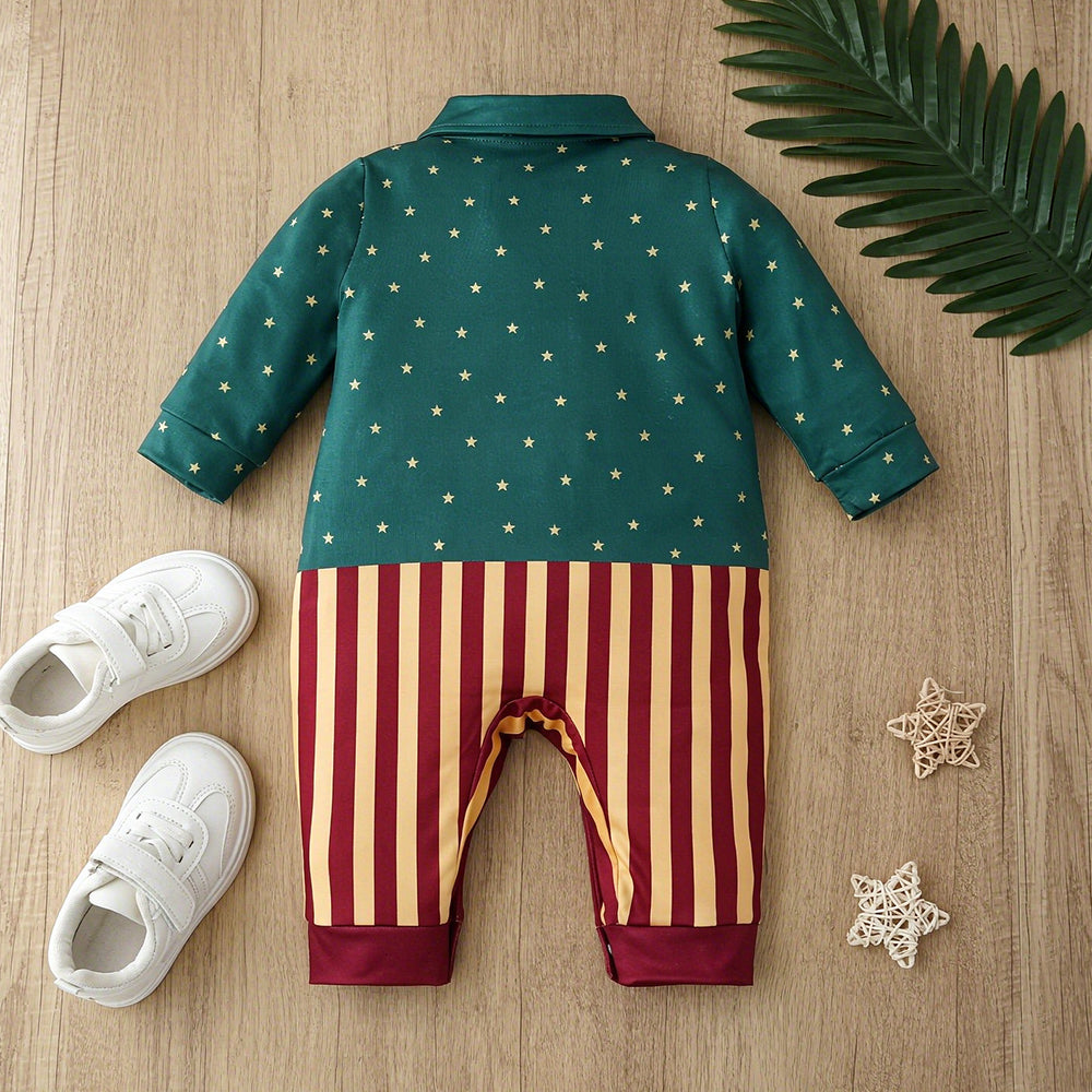 Lovely Tree Stripe Print Long Sleeve Baby Christmas Jumpsuit