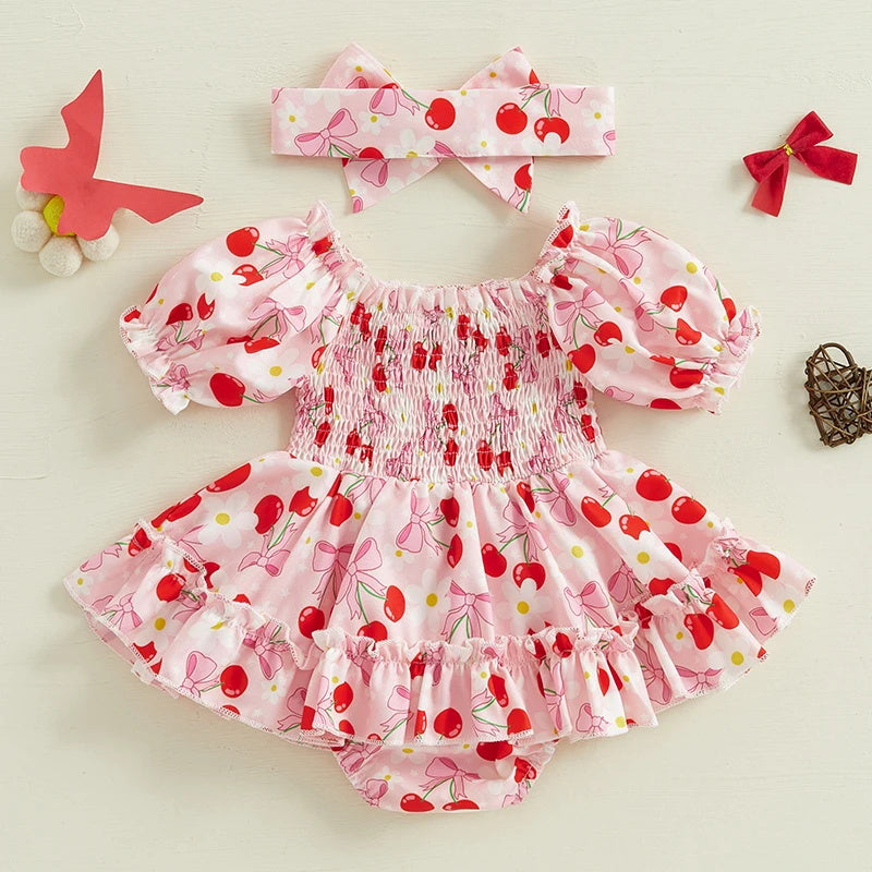 2PCS Cute Bowknot Cherry Printed Short Sleeve Baby Romper