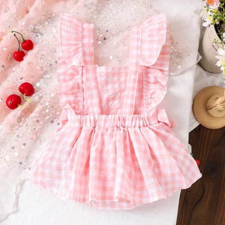 Sweet Cherry Applique Plaid Print Flutter Sleeve Baby Romper