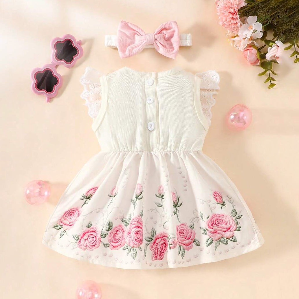 2PCS Adorable Floral Printed Flutter Sleeve Baby Dress