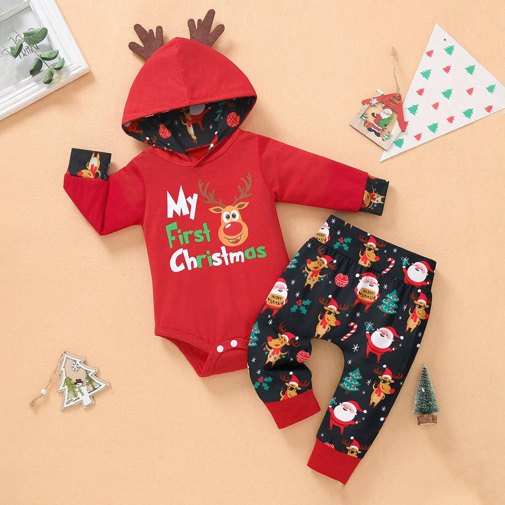 2PS My First Christmas Letter Reindeer Printed Baby Hooded Set