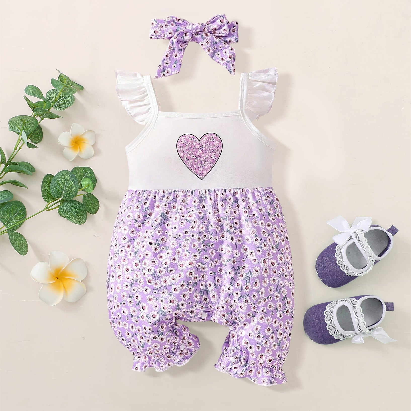 2PCS Elegant Heart And Floral Printed Sleeveless Baby Jumpsuit