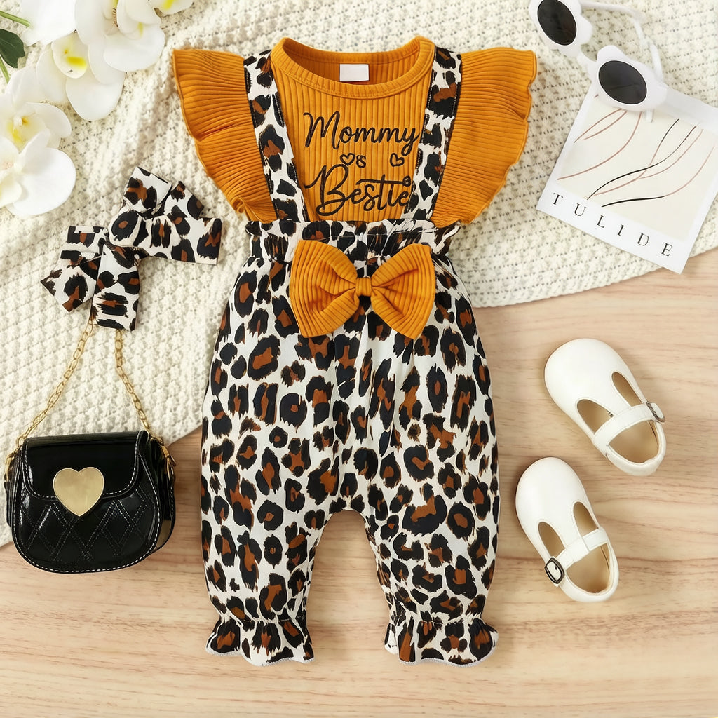 2PCS Grace Mama's Bestie Letter Leopard Printed Baby Jumpsuit