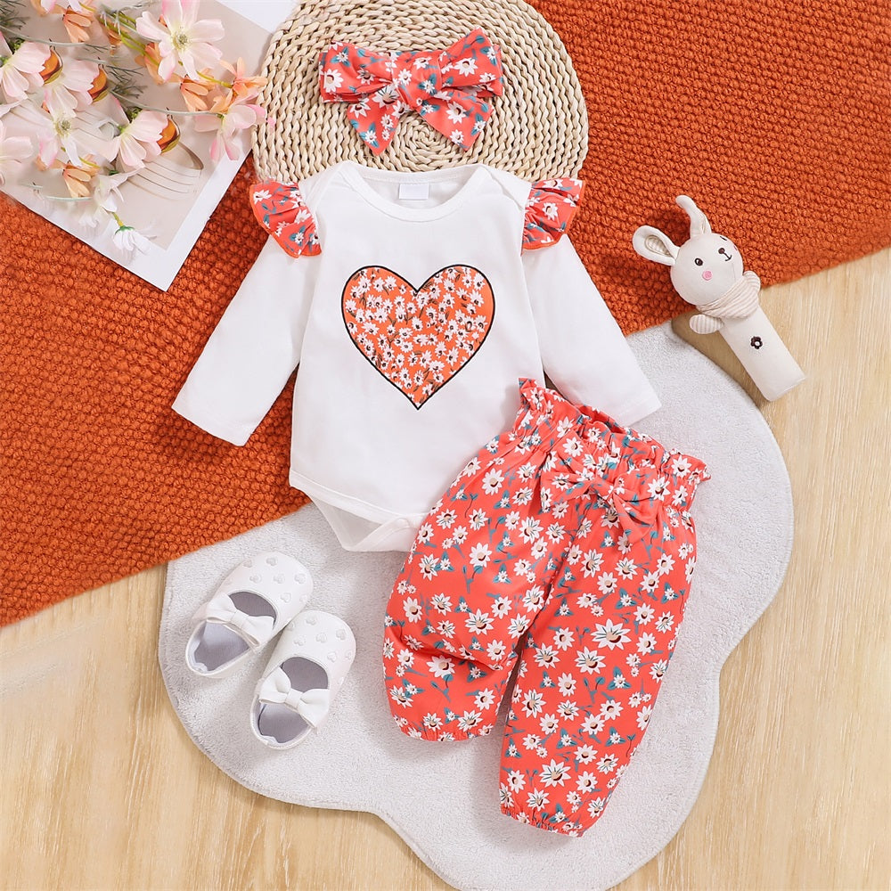 3PCS Fashion Floral Heart Print Long Sleeve Baby Set