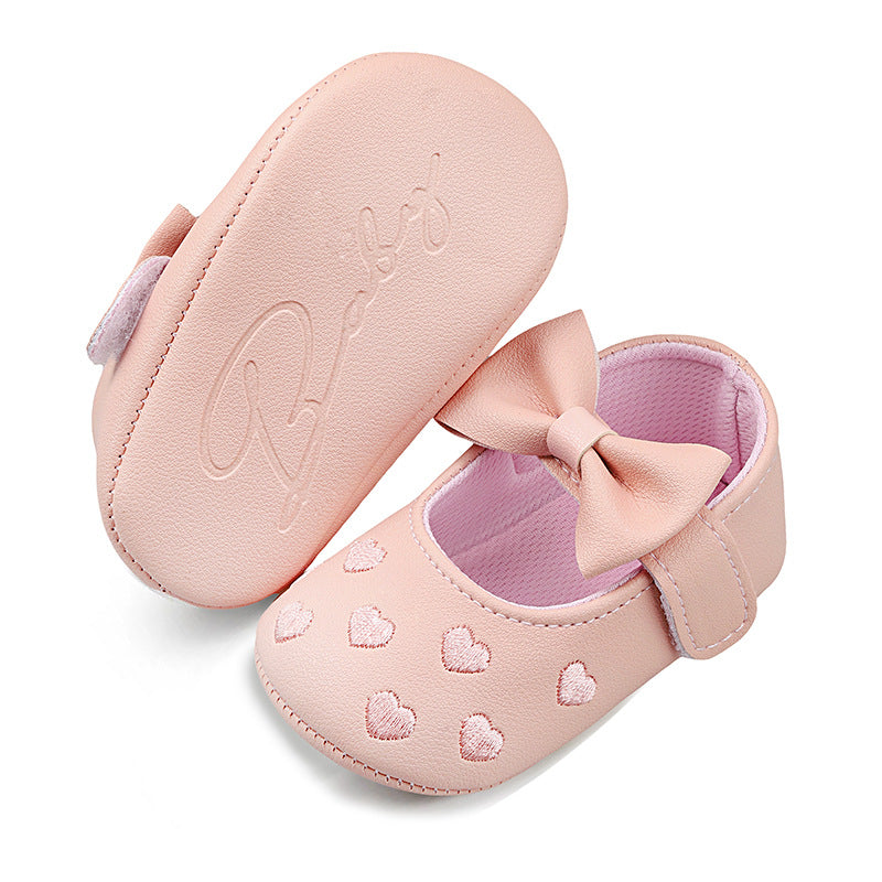 Embroidered Heart Bow Soft Sole Baby Prewalker Shoes