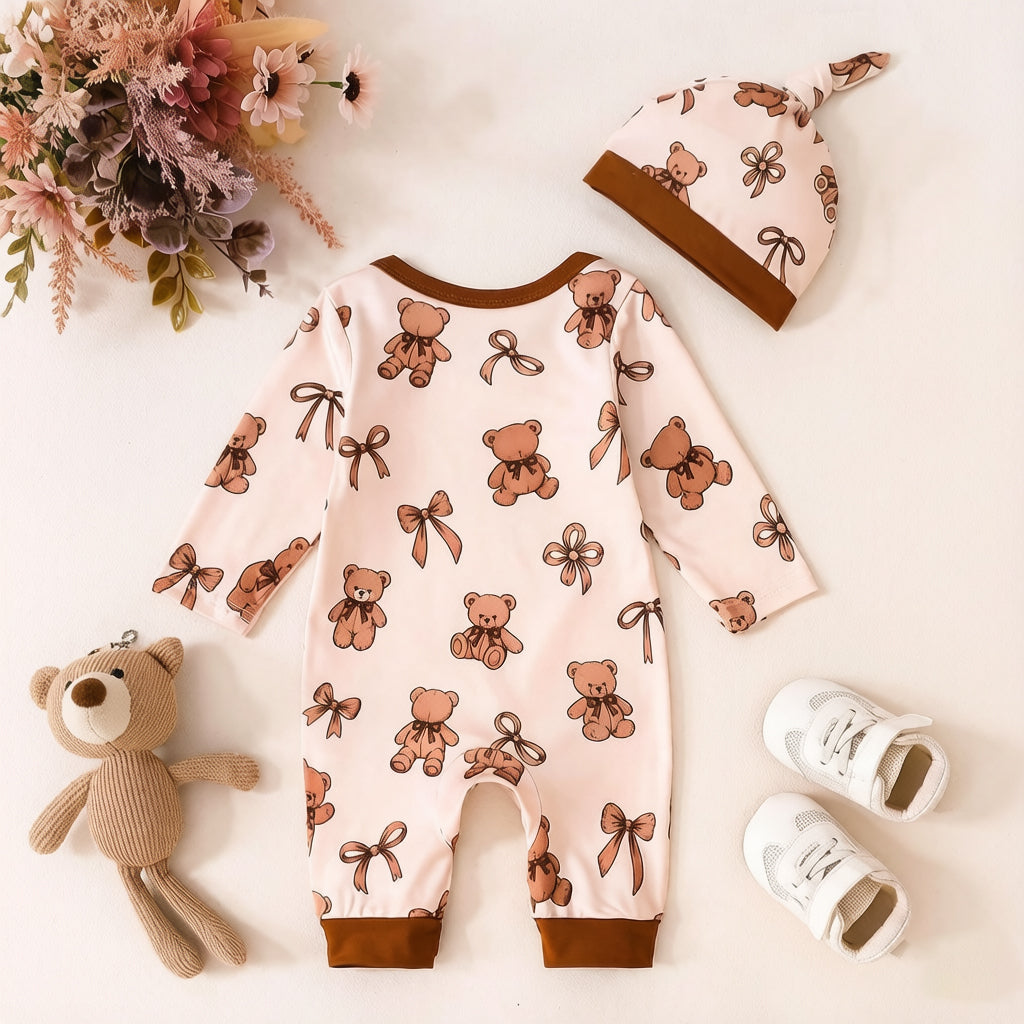 2PCS Casual Bear Bow Print Long Sleeve Baby Jumpsuit