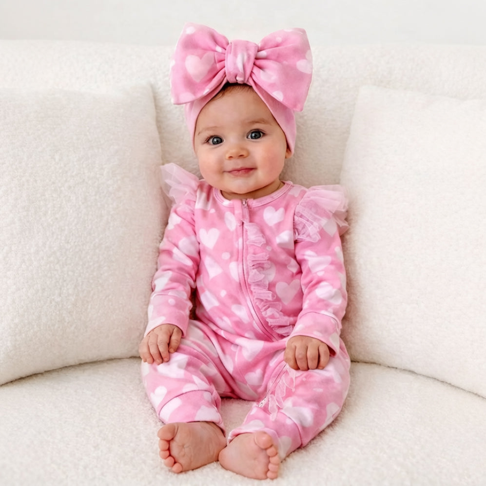 2PCS Pretty Heart Print Tulle Zipper Long Sleeve Baby Jumpsuit