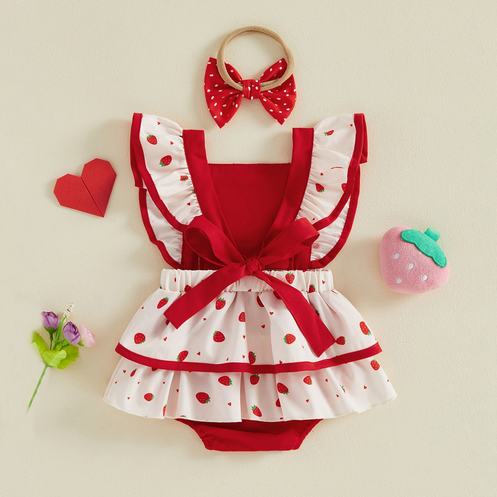 2PCS Cute Strawberry Print Flutter Sleeve Baby Girl Romper