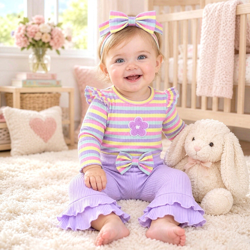 4PCS Radiant Floral Applique Stripe Printed Long Sleeve Baby Set