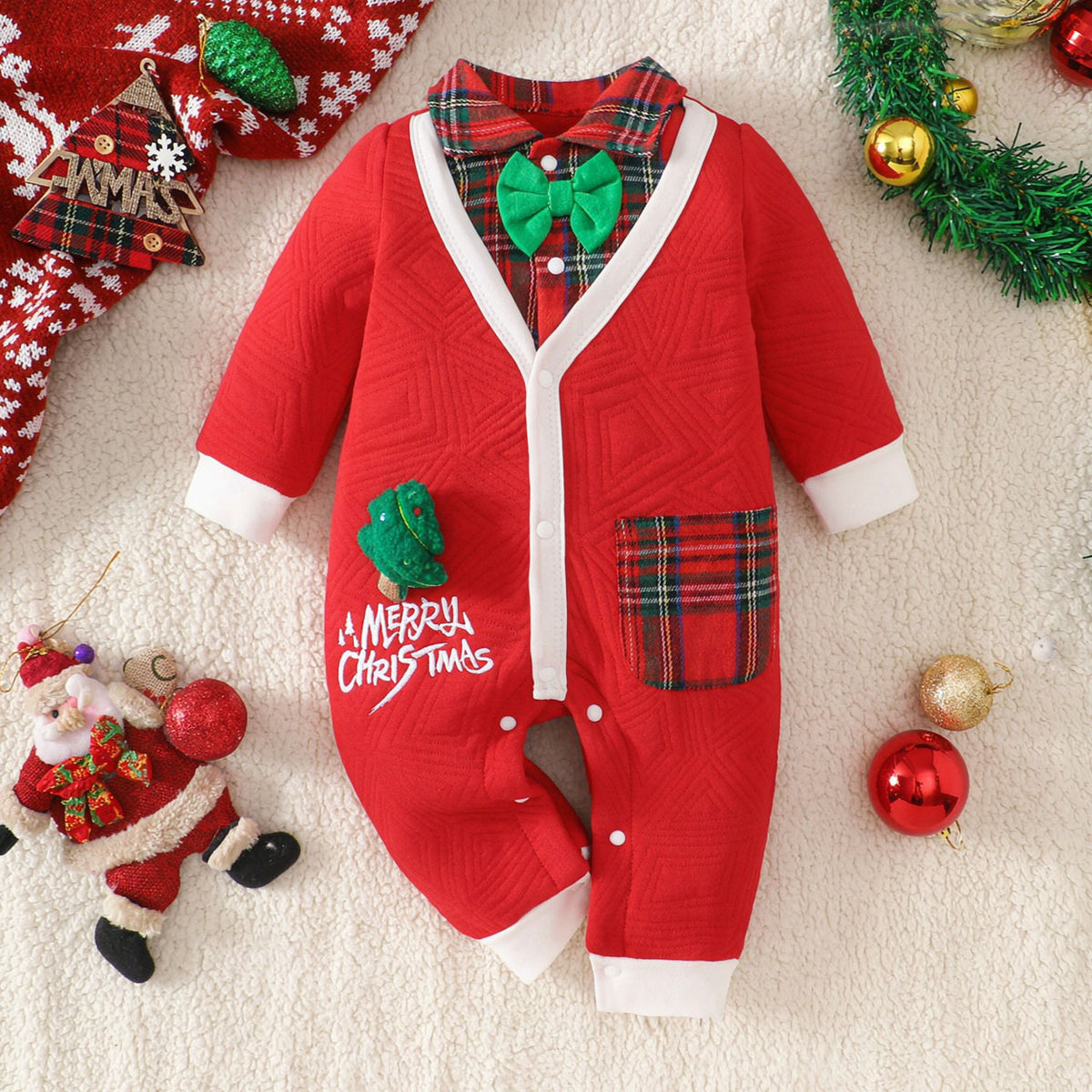 Timeless Merry Christmas Letter Plaid Printed Baby Jumpsuit